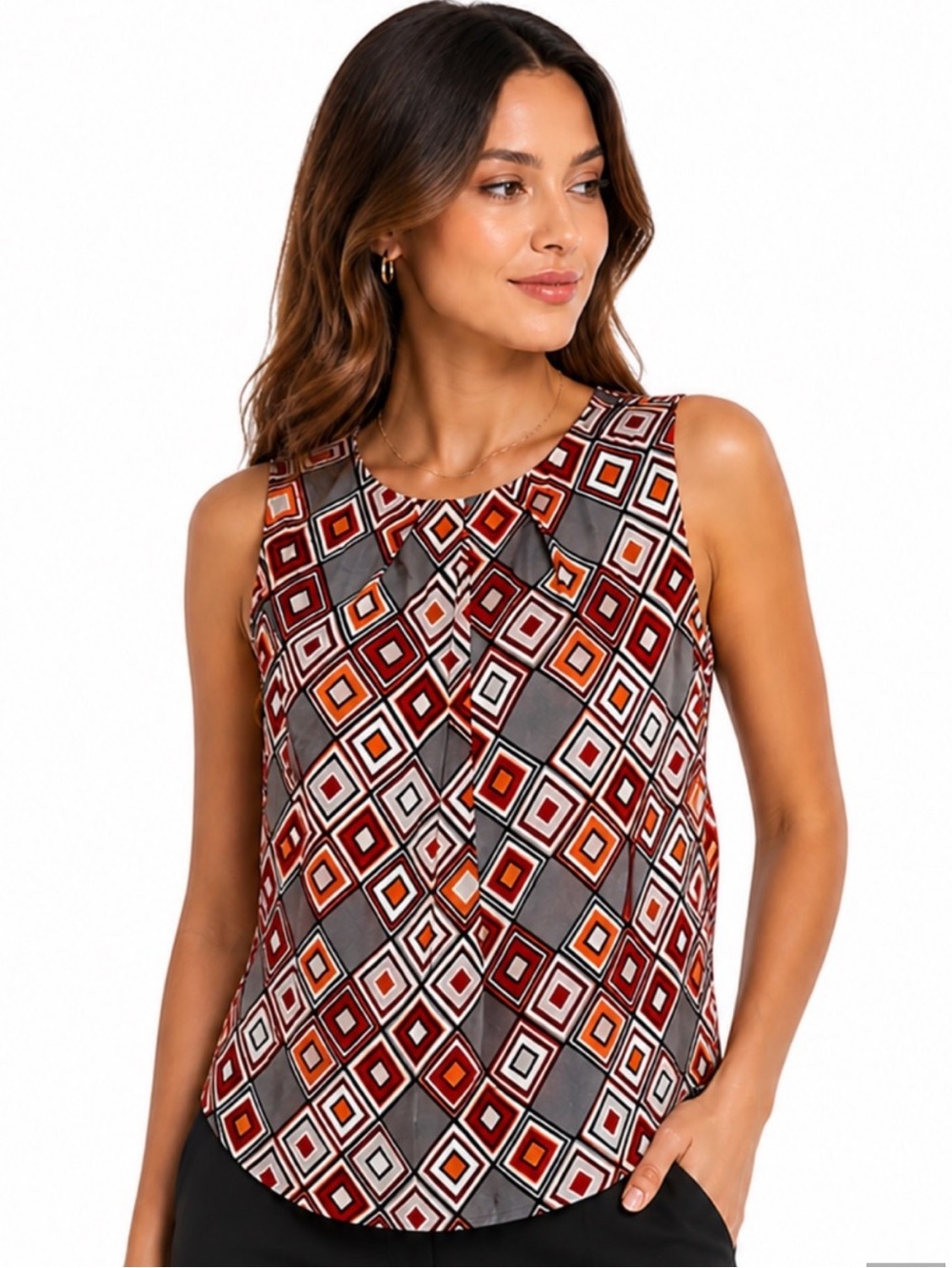 Nine West Geometric Print Sleeveless Blouse Top Red Orange Black, M